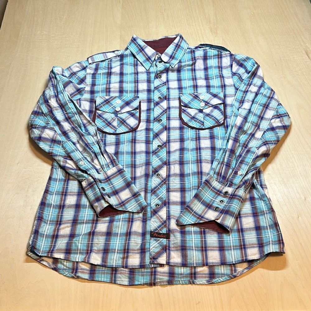 Fender Guitar Sky Blue Brown Plaid Snap LONG SLEEVE SHIRT embroidered logo Mediu